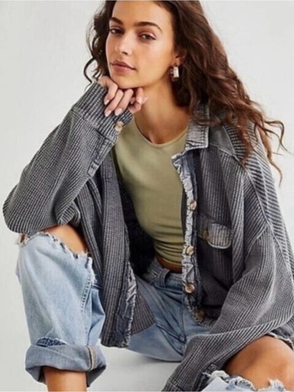 Free People Gray Distressed Button-Down Oversized Shirt Jacket